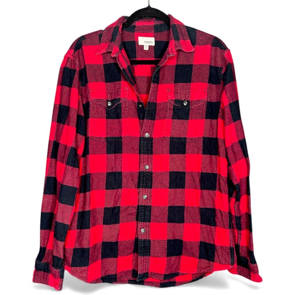 Sonoma Mens Classic Red Buffalo Check Shirt Sz M Plaid Flannel Lumberjack Cotton